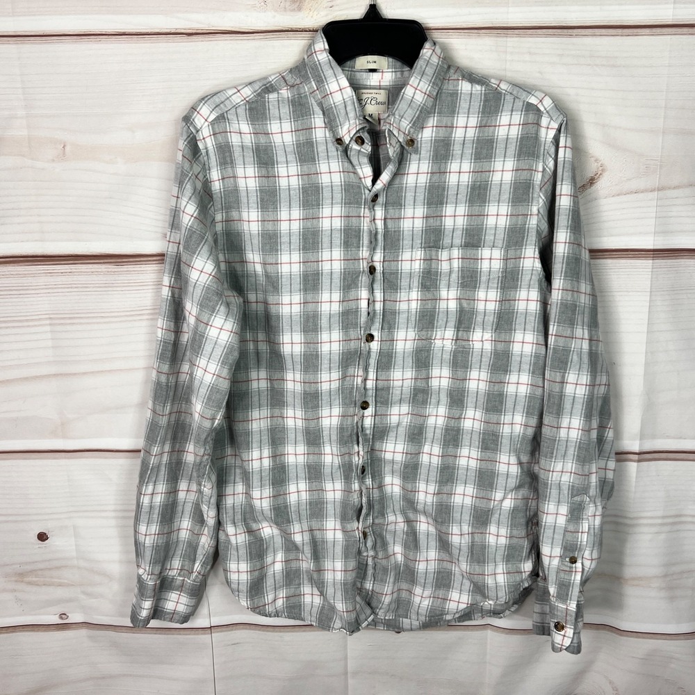 J Crew Shirt Mens M Gray Brushed Twill Button Up Cotton Plaid Slim Fit Cotton